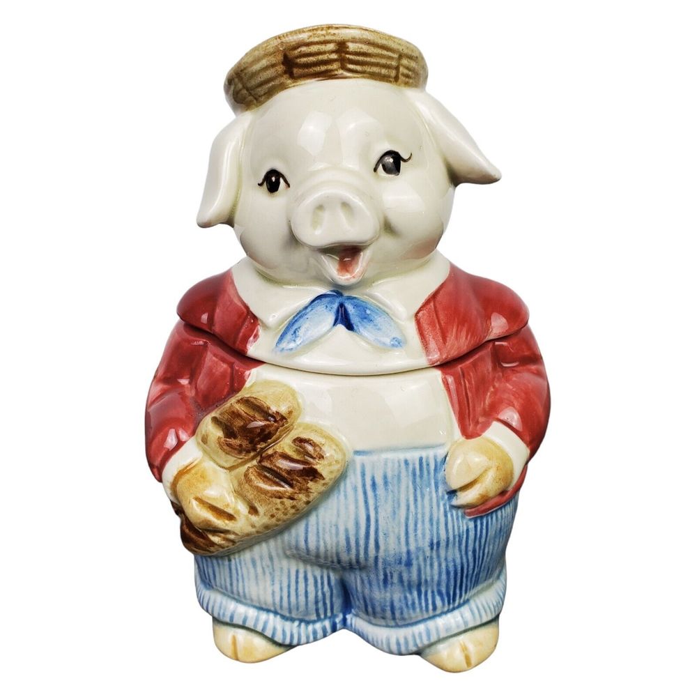 Vtg Otagiri Country Pigs Boy Pig Holding Bread Ceramic Sugar Bowl 4.75"